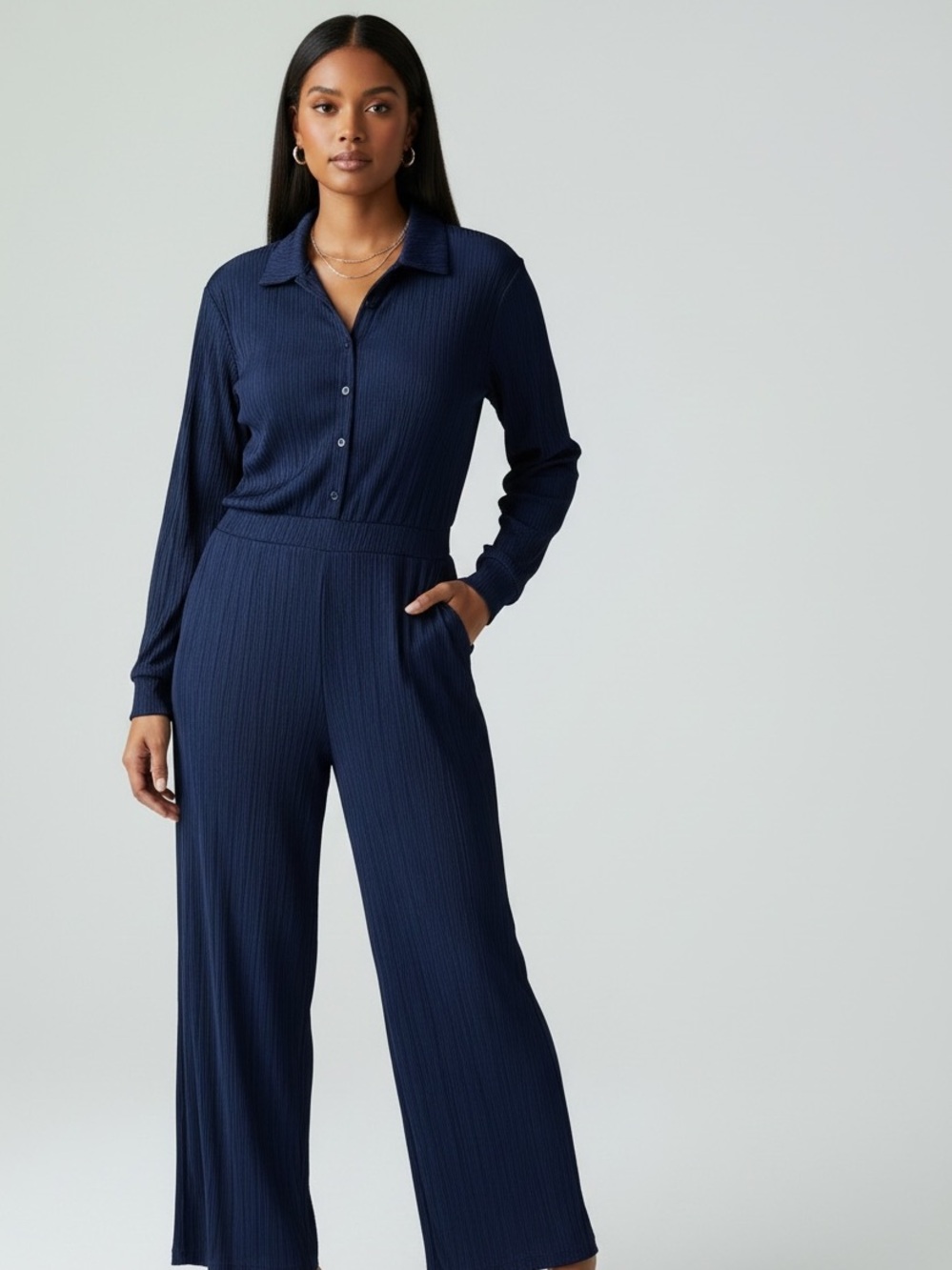 Navy Blue Crinkled Jumpsuit